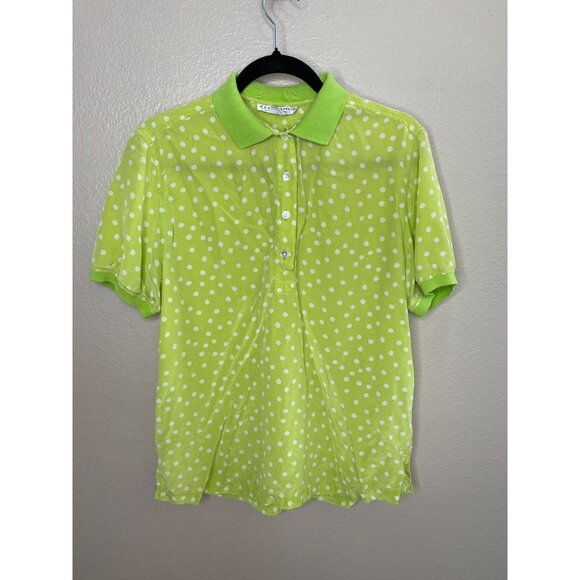 Real Clothes Saks Fifth Avenue Womens Silk Green Polka Dot Polo Shirt Small - Picture 2 of 5